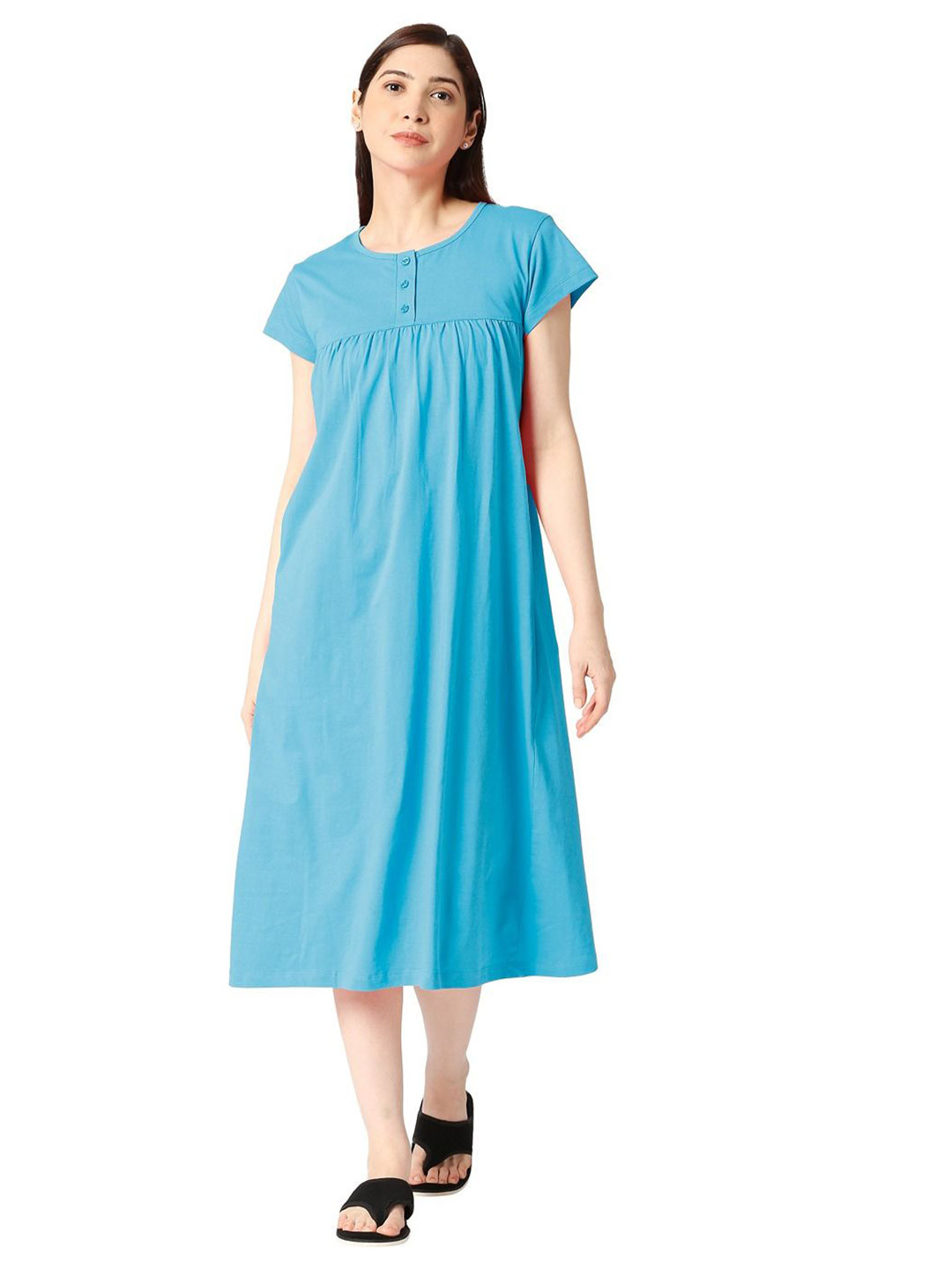 

zebu Round Neck Half Sleeve pure cotton nightdress, Turquoise blue