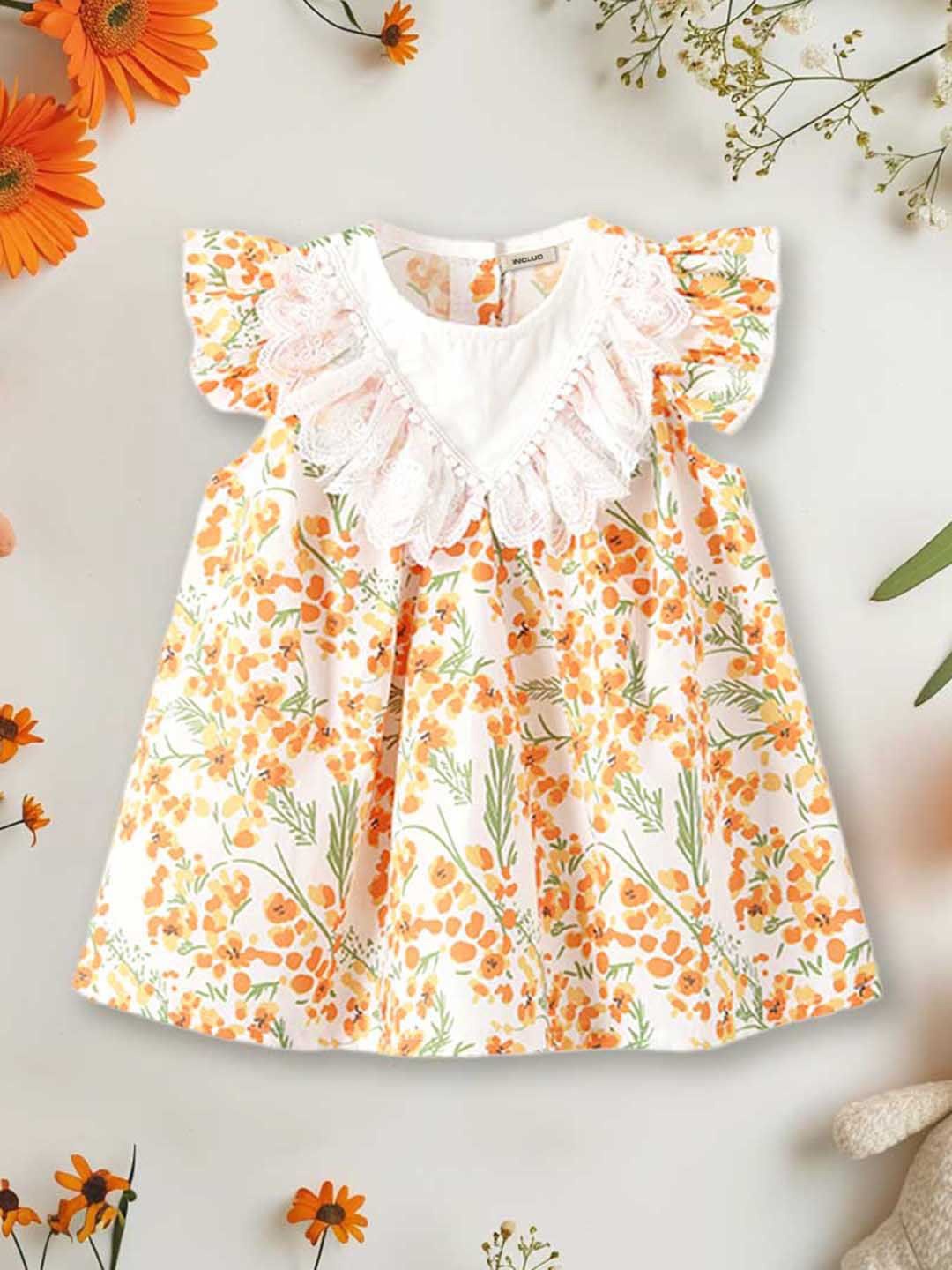 

INCLUD Girls Flutter Sleeve Floral Empire Dress, Orange