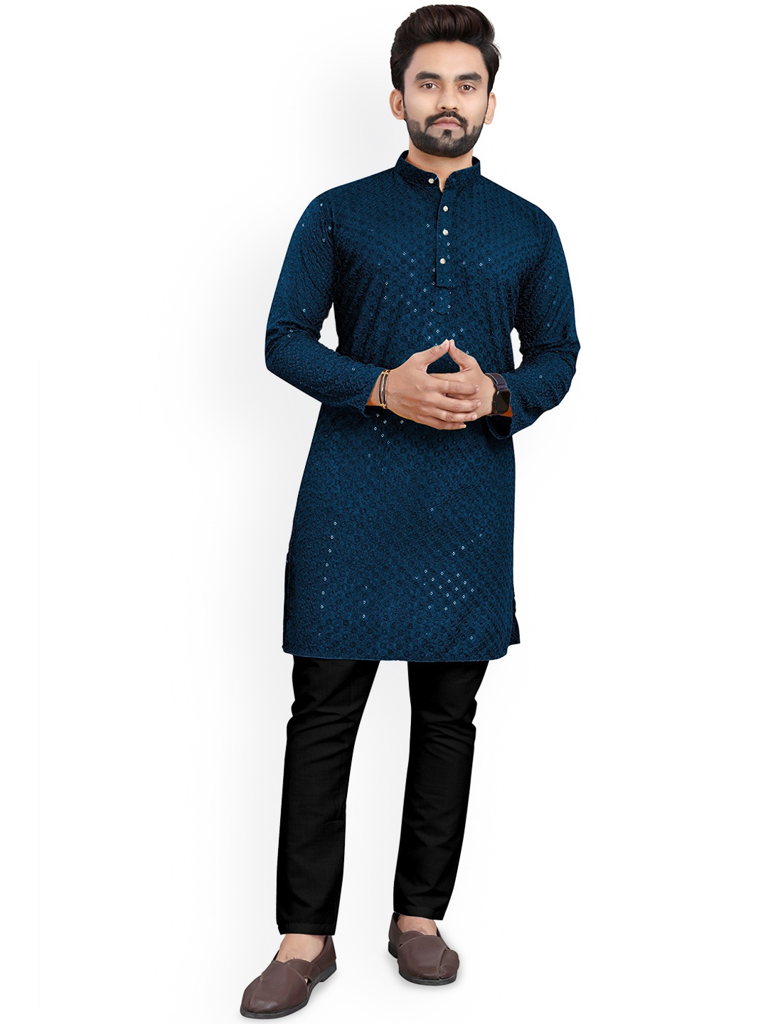 

trustous Floral Embroidered Mandarin Collar Regular Sequinned Kurta With Pyjama, Teal