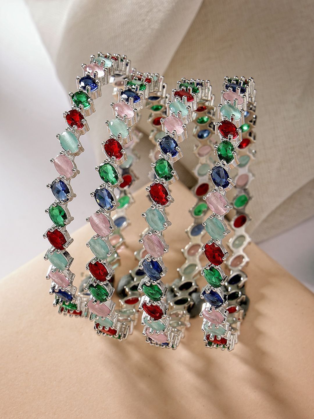 

ZENEME Set Of 4 Rhodium Plated American Diamond Studded Bangles, White
