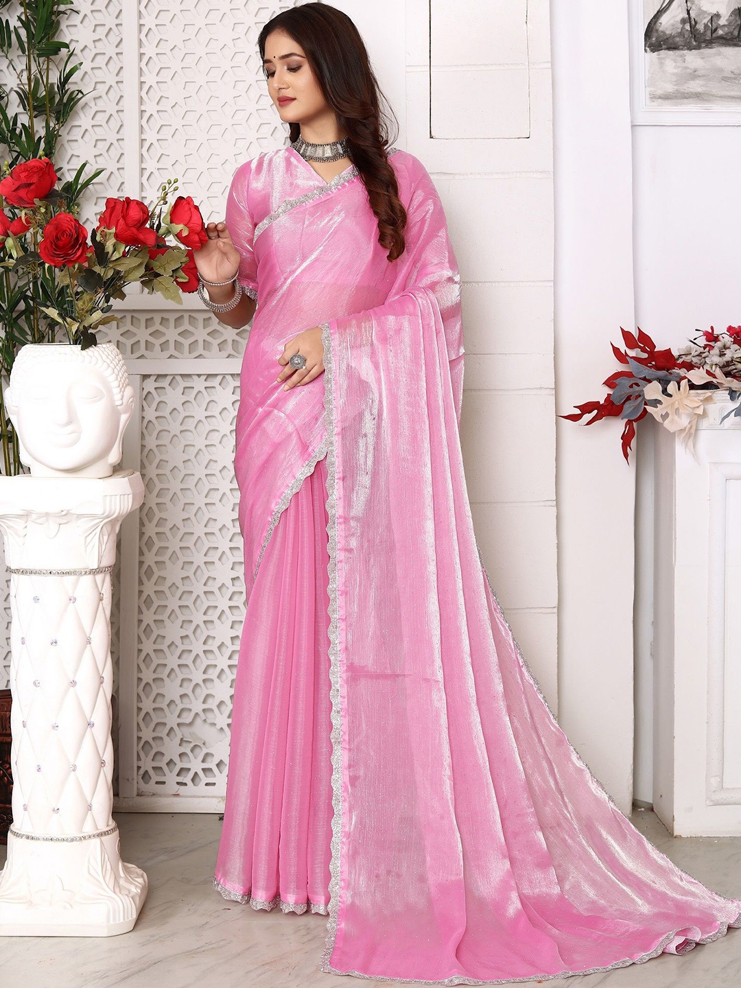 

DHARMEE Gotta Patti Solid Saree, Pink