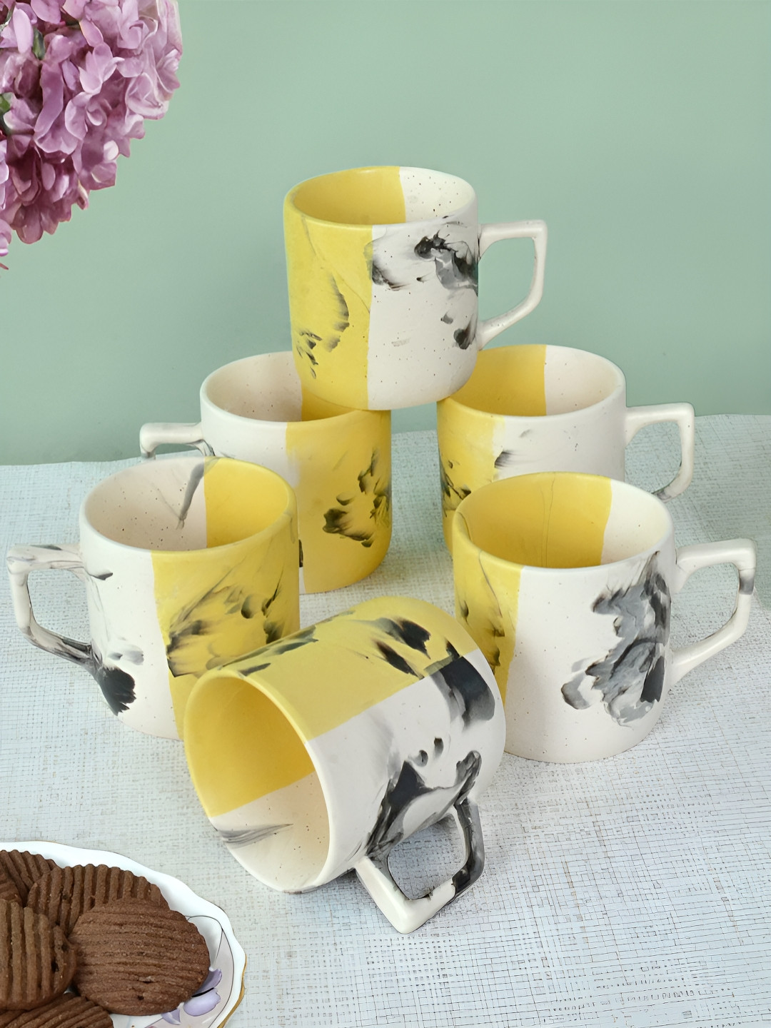 

FABINALIV Set of 6 Yellow & Cream-Coloured Printed Ceramics Matte Cups