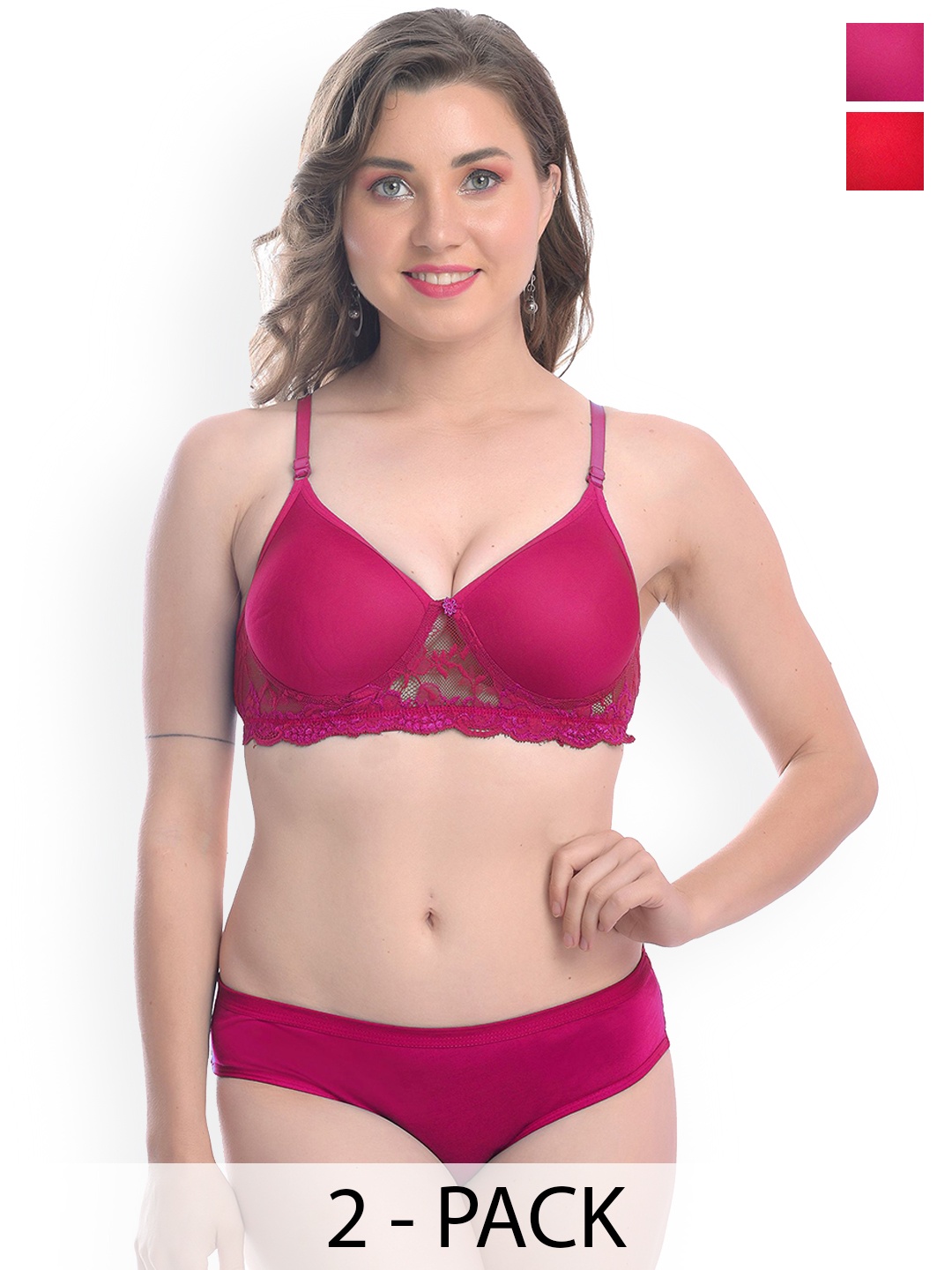 

AROUSY Pack Of 2 Lightly Padded Cotton Lingerie Set, Red