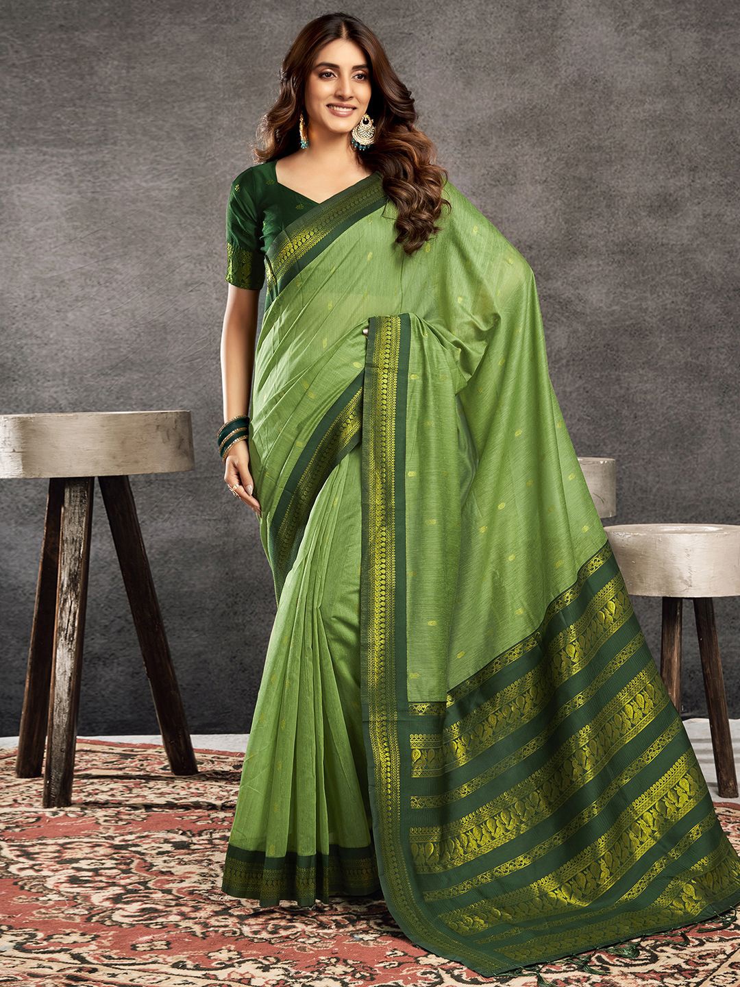 

Mitera Woven Design Zari Pure Cotton Banarasi Saree, Green