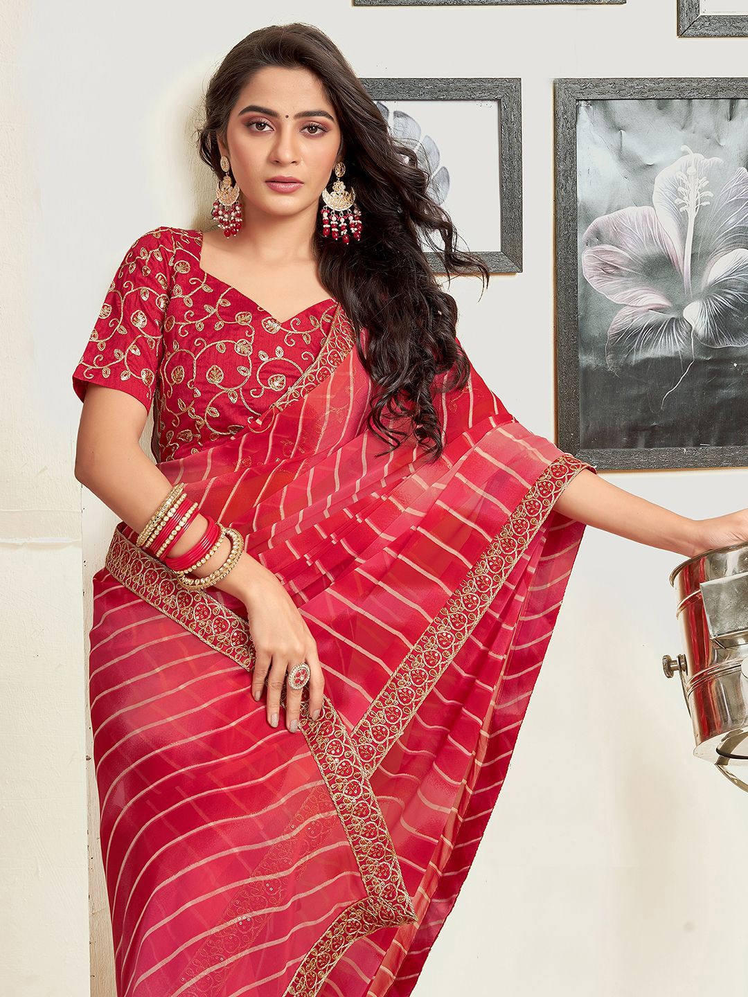 

Mitera Leheriya Printed Embroidered Pure Georgette Saree, Red