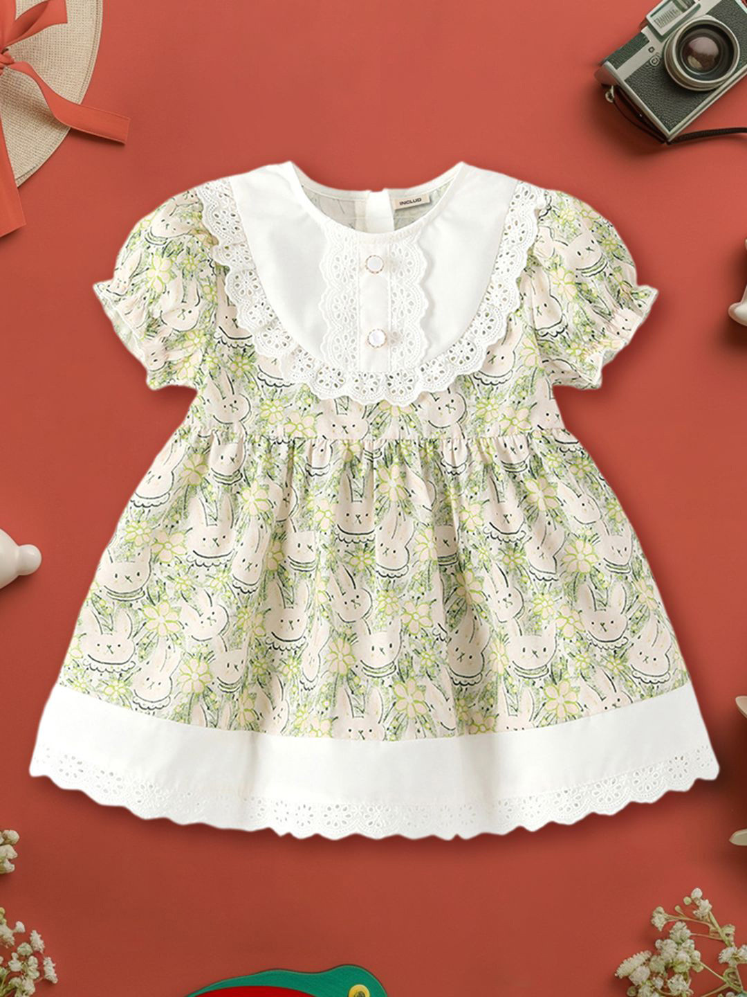 

INCLUD Printed Puff Sleeve Fit & Flare Dress, Green