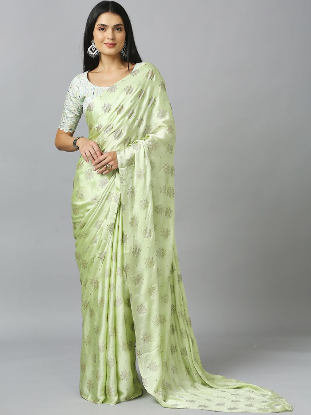 

ASISA Women Floral Printed Pure Chiffon Saree, Lime green