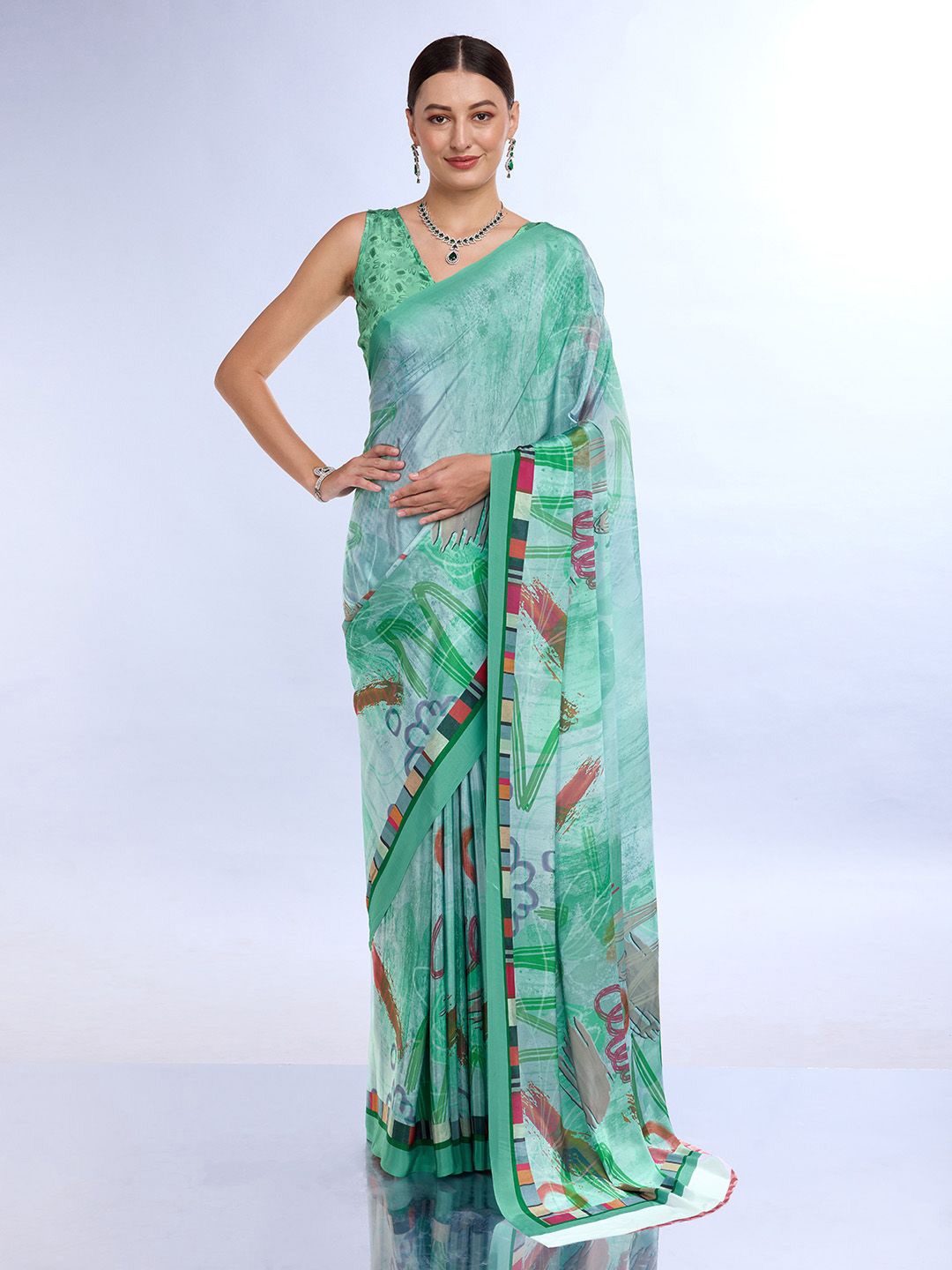 

Ishin Abstract Satin Saree, Green