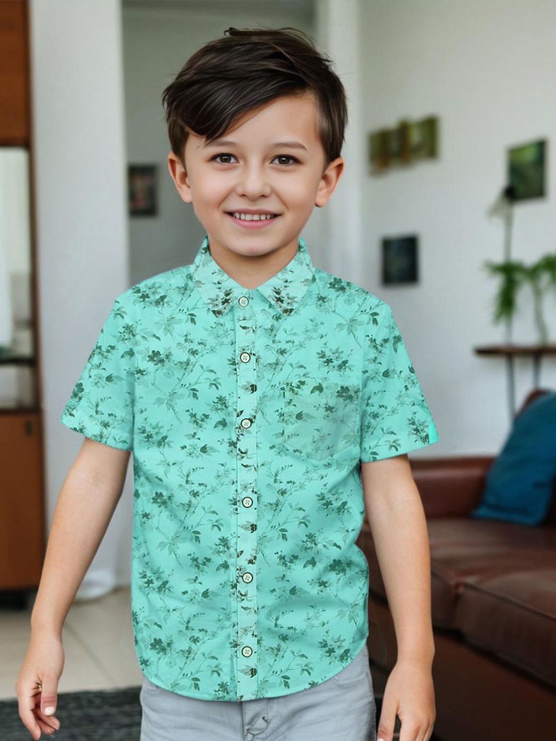 

INCLUD Girls Spread Collar Floral Printed Casual Shirt, Green