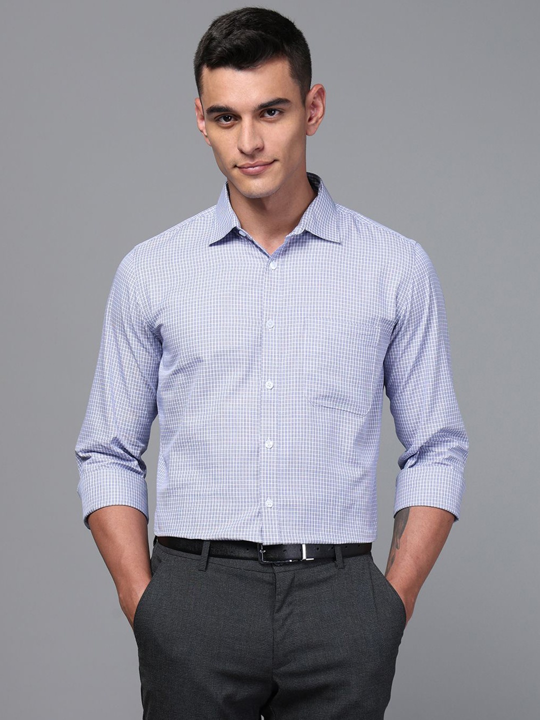 

DON VINO Men Spread Collar Micro Checked Cotton Slim Fit Semiformal Shirt, White