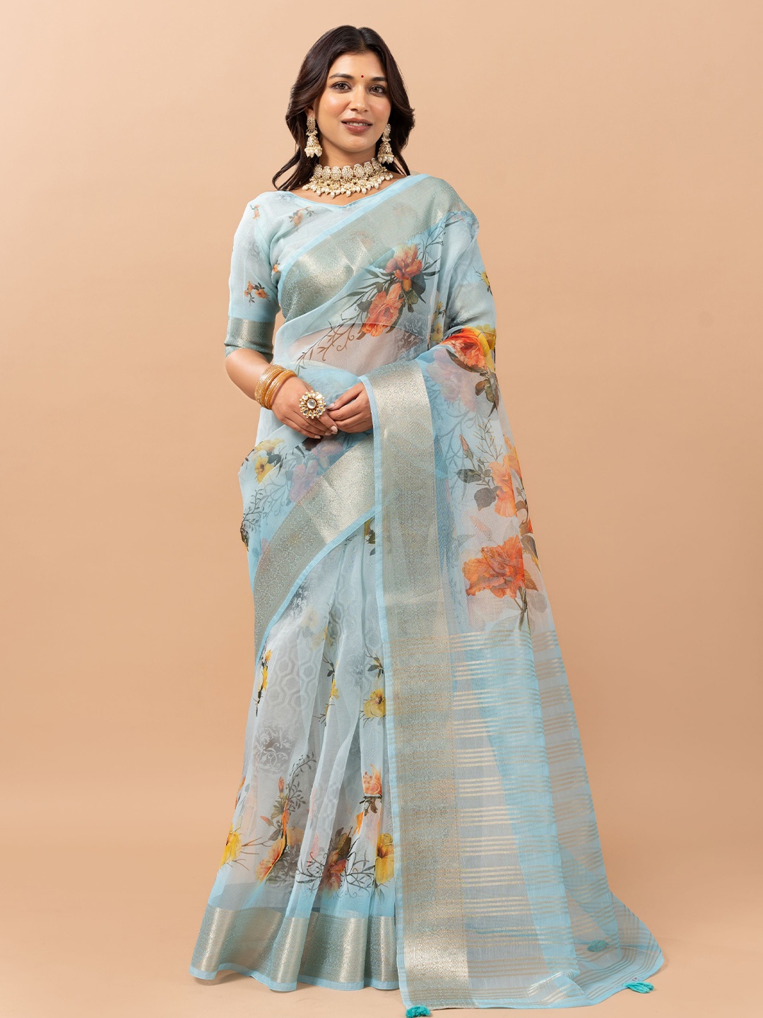 

VIRICA Floral printed Saree, Blue