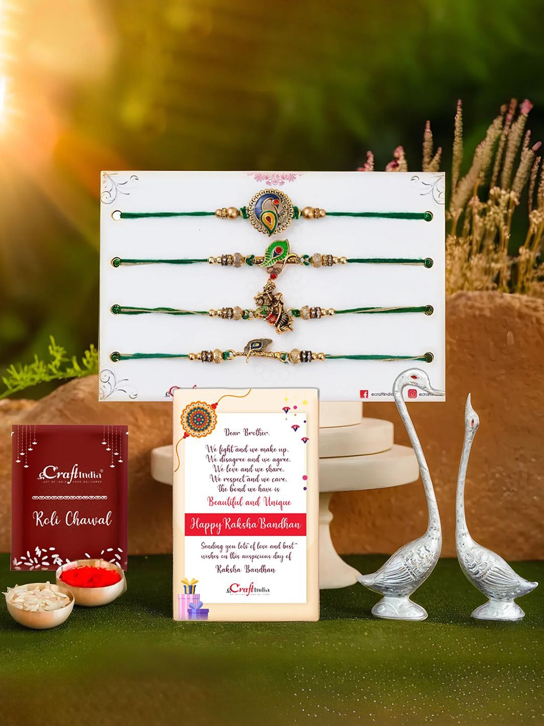 

eCraftIndia Set Of 6 Rakhi With Swan Couple Statues & Greeting Card & Roli Chawal Gift Set, Gold