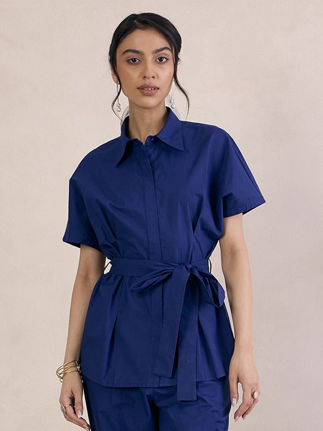 

FEMMELLA Women Solid Shirt Collar Cotton Top, Navy blue