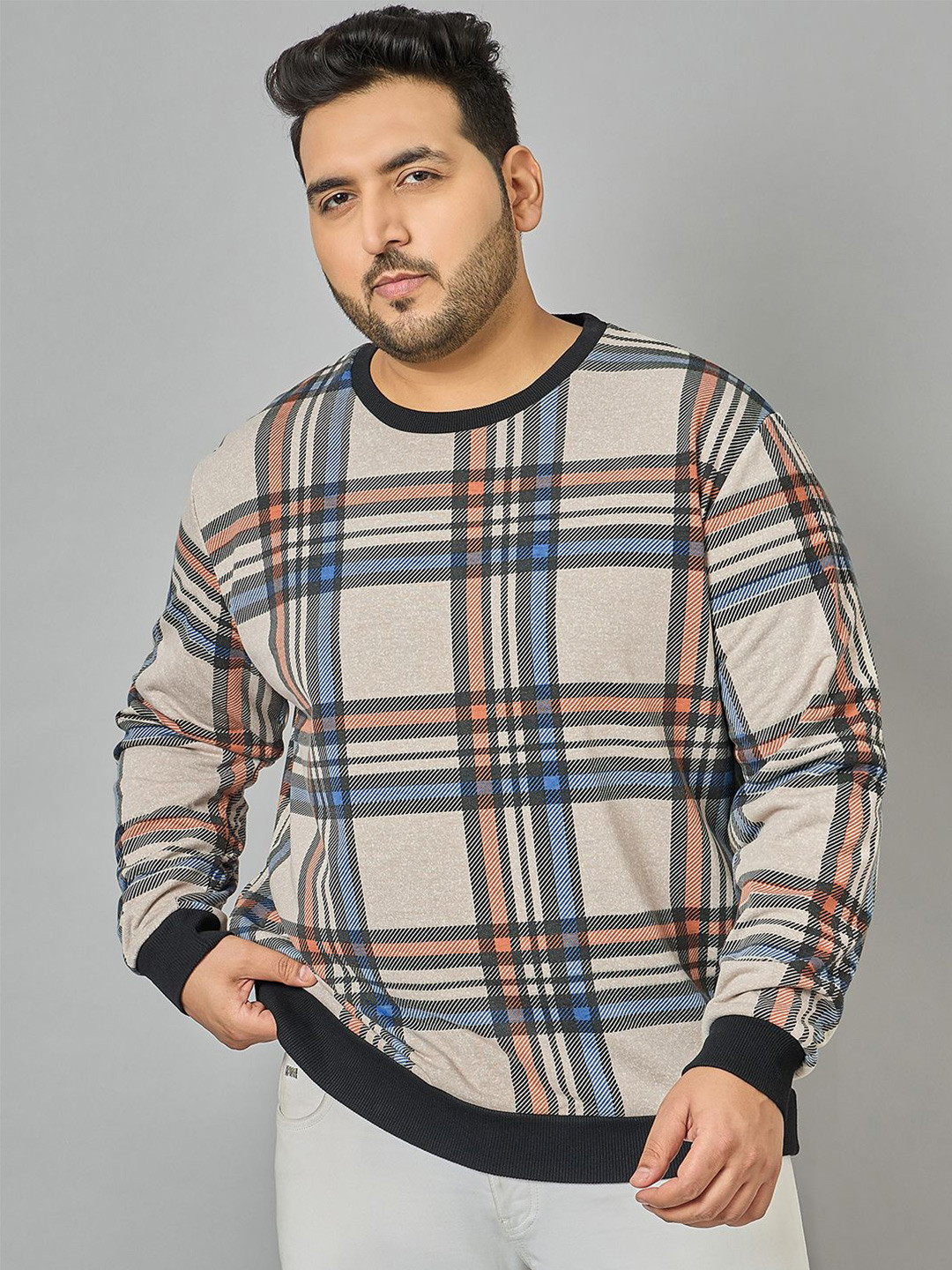 

AUSTIVO Men Plus Size Checked Sweatshirt, Beige