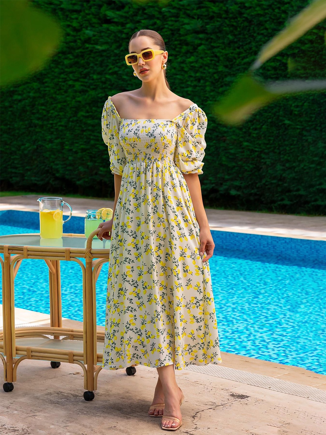 

SHEETAL Associates Floral Printed Puff Sleeves Georgette Fit & Flare Dress, Yellow