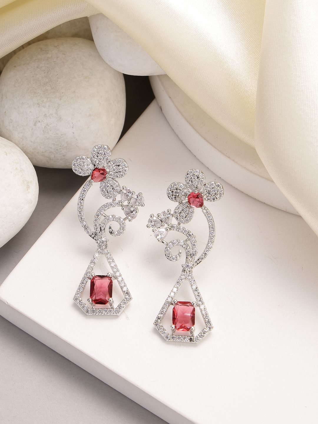 

ZENEME Rhodium Plated Floral American Diamond Drop Earrings, Red