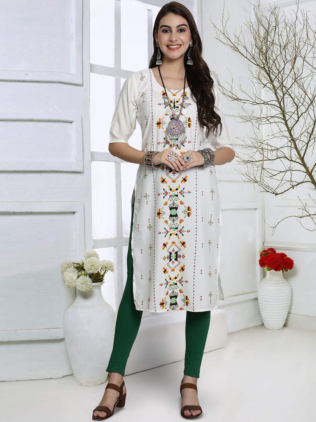 

7Threads Geometric Printed Round Neck Straight Kurta, White