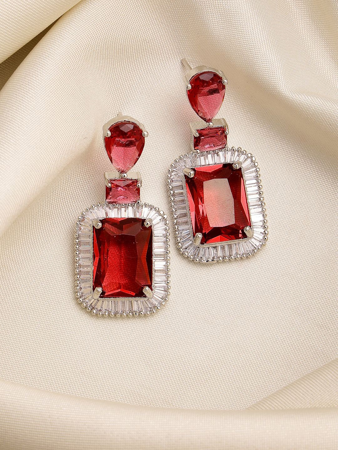 

ZENEME Rhodium Plated American Diamond Studded Shaped Drop Earrings, Red