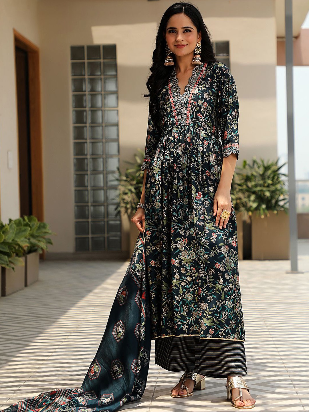 

Libas Floral Printed V-Neck Mirror Work A-Line Kurta with Palazzo & Dupatta, Blue