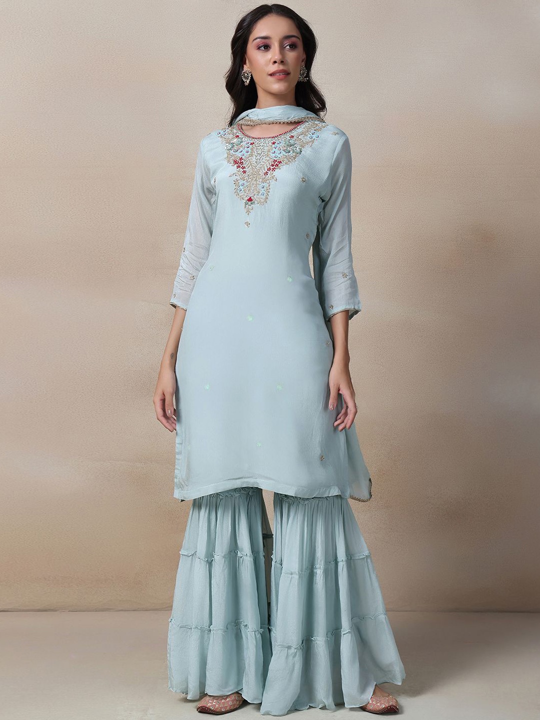 

Rang by Indya Floral Sequinned Kurta with Sharara & Dupatta, Blue