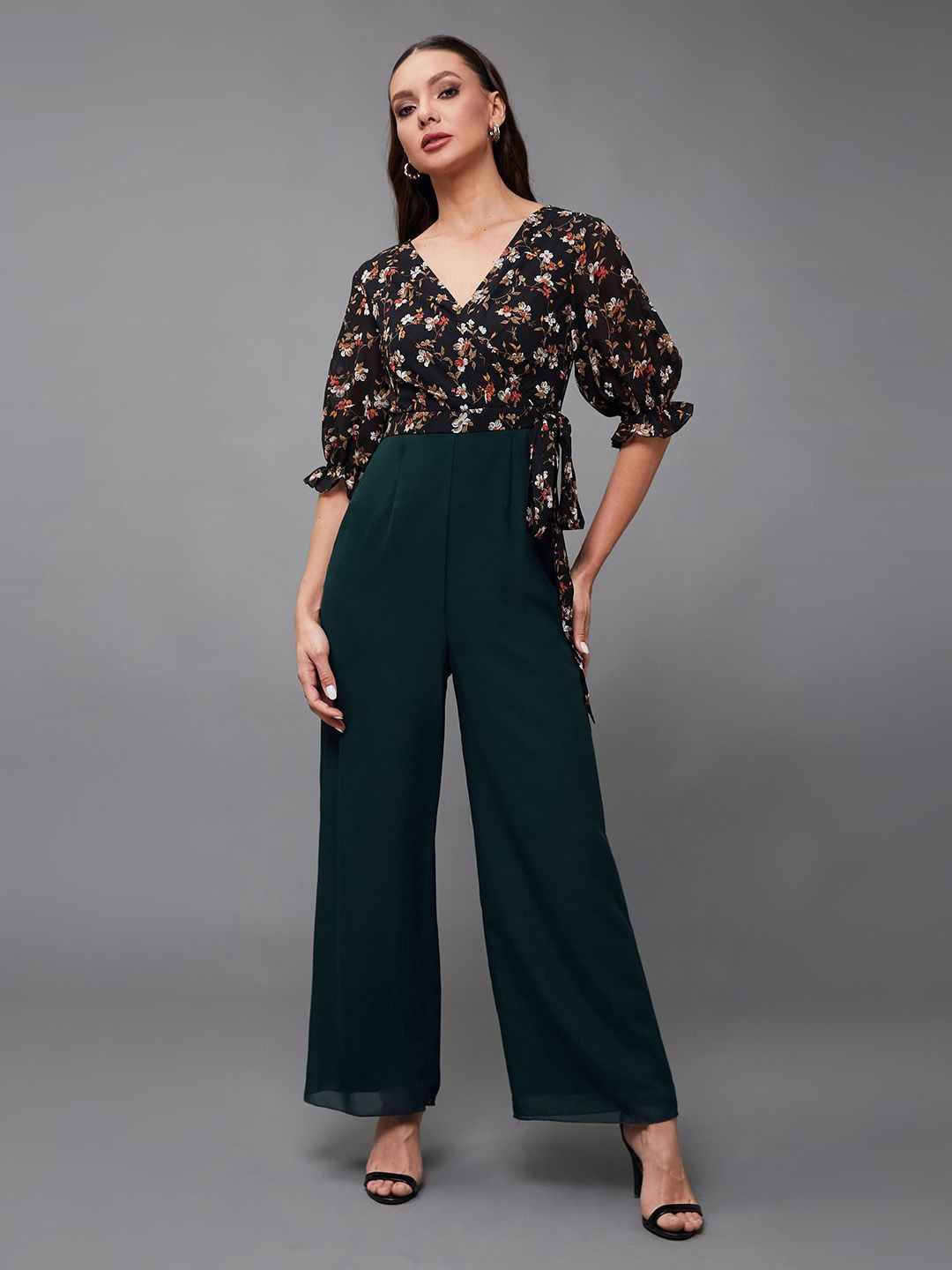 

Miss Chase Women V-Neck Puff Sleeve Floral Patterned Wrap Regular Jumpsuit, Black