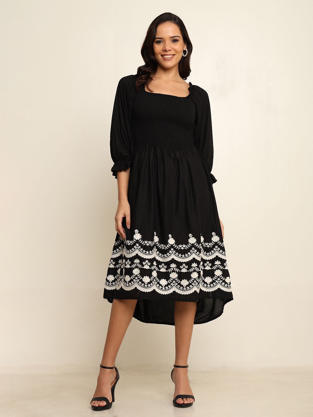 

CRAFTBAZAR Embroidered Puff Sleeve Cotton Fit & Flare Midi Dress, Black