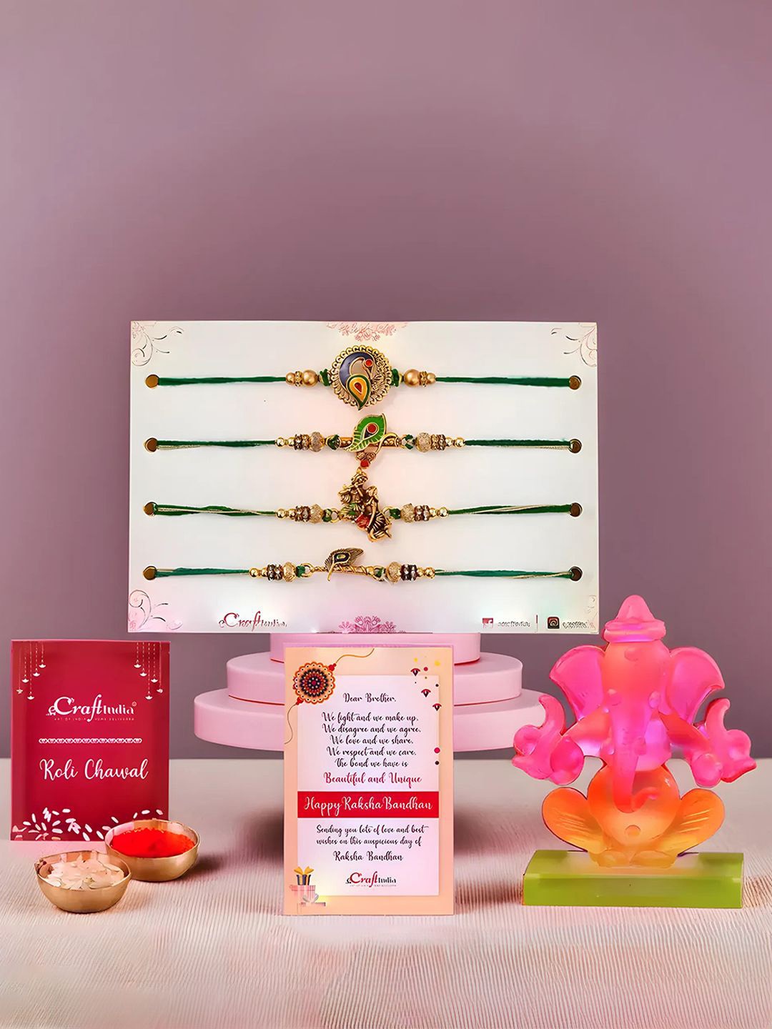 

eCraftIndia Set Of 4 Rakhi Lord Ganesha Idol Greeting Card & Roli Chawal, Green