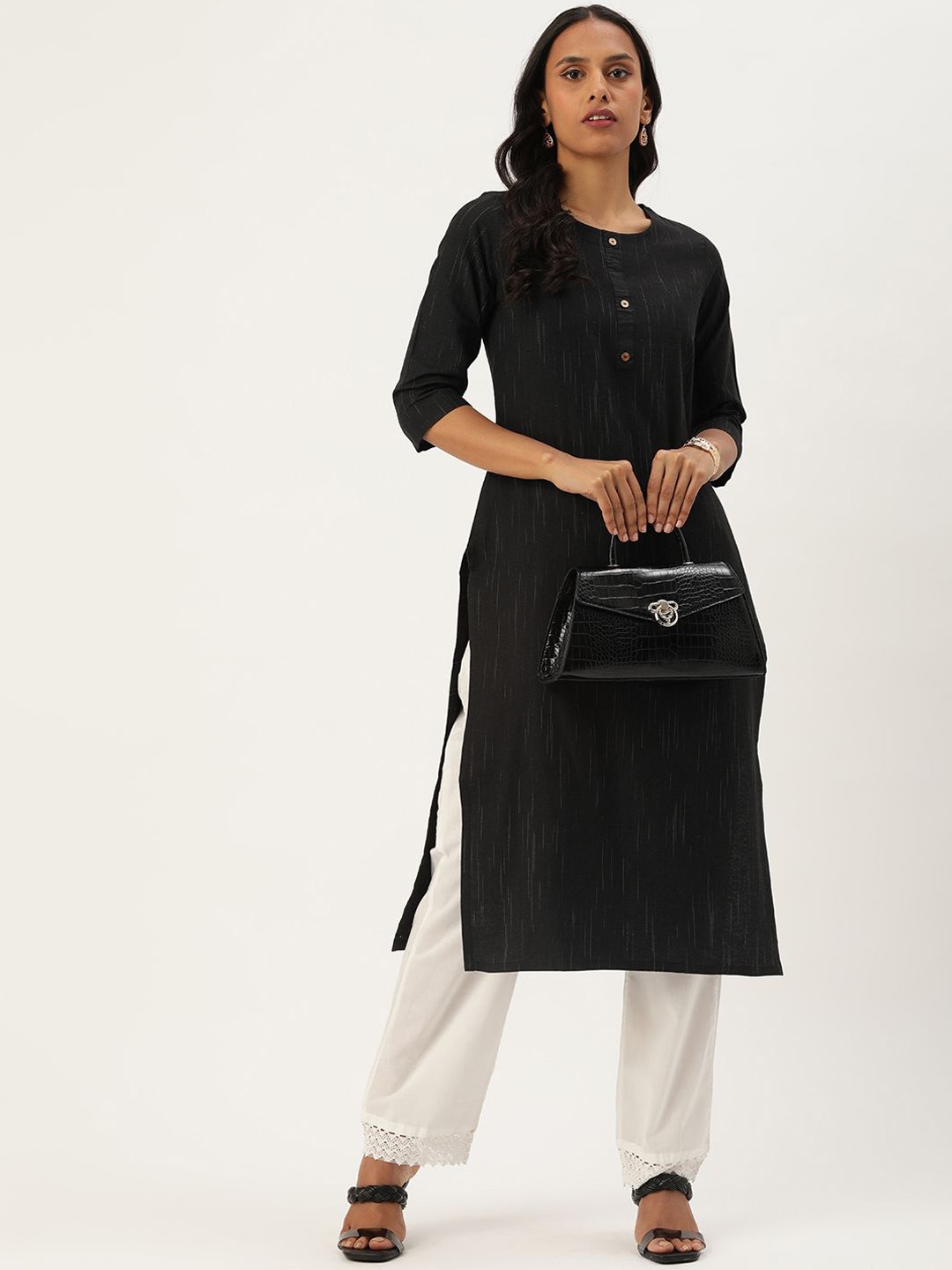 

Shaily Striped Woven Design Round Neck Straight Kurta, Black