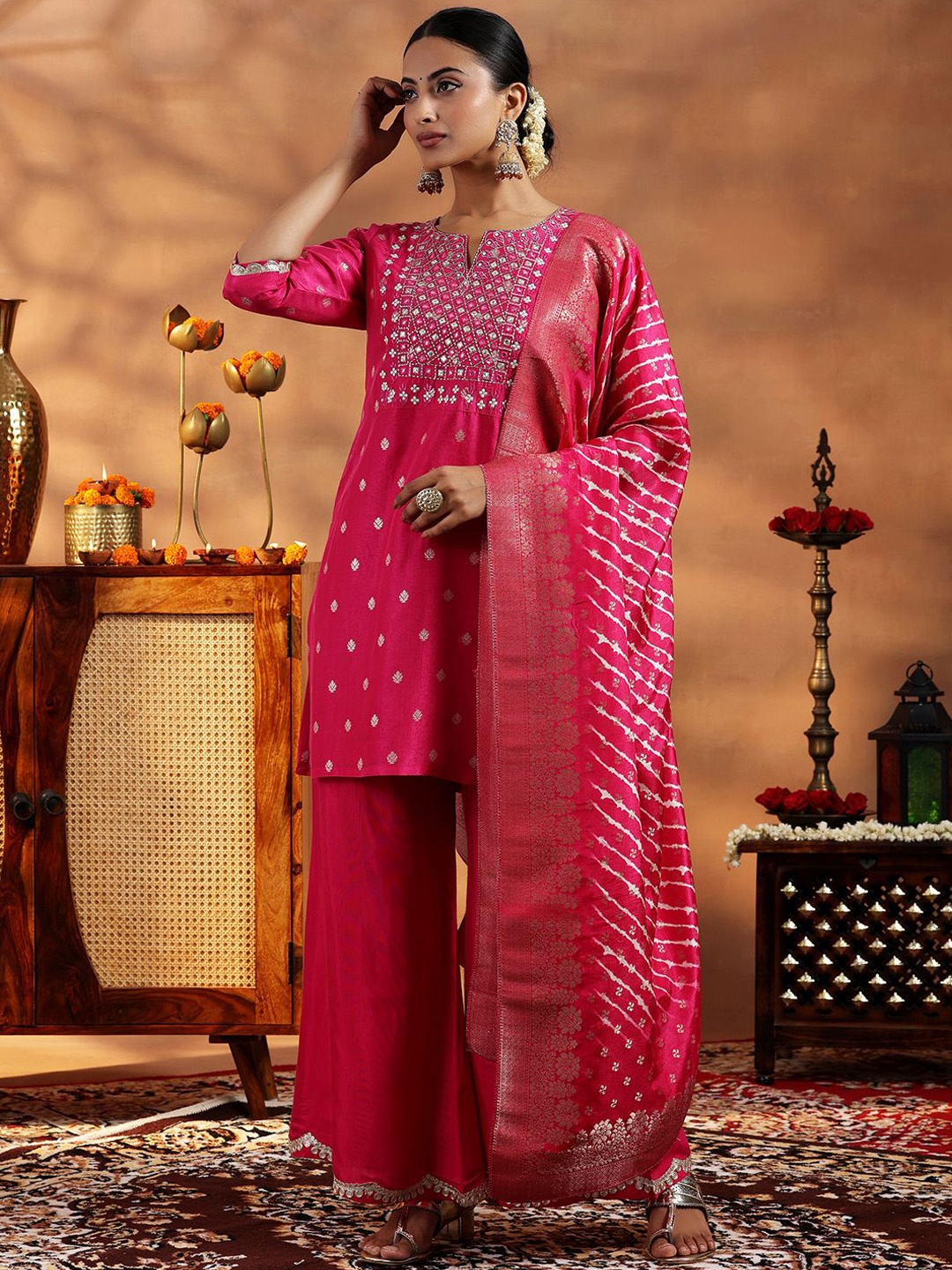 

Libas Ethnic Motifs Mirror Work Straight Kurta with Palazzos & With Dupatta, Pink