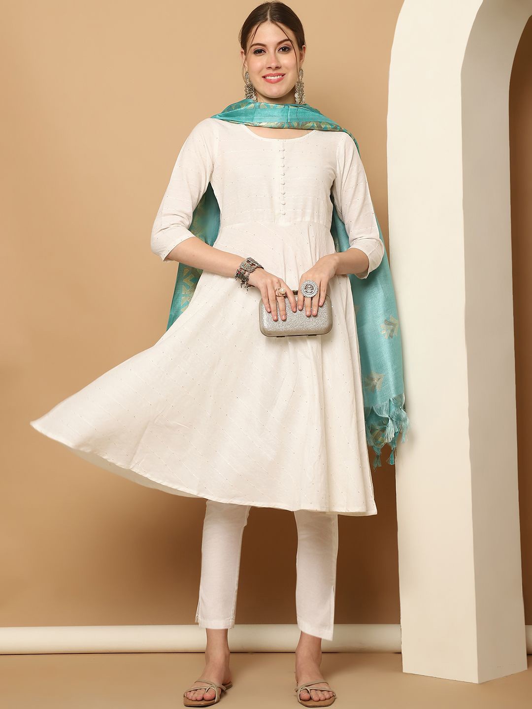 

Jompers Sequinned Anarkali Kurta With Trousers & Dupatta, Off white