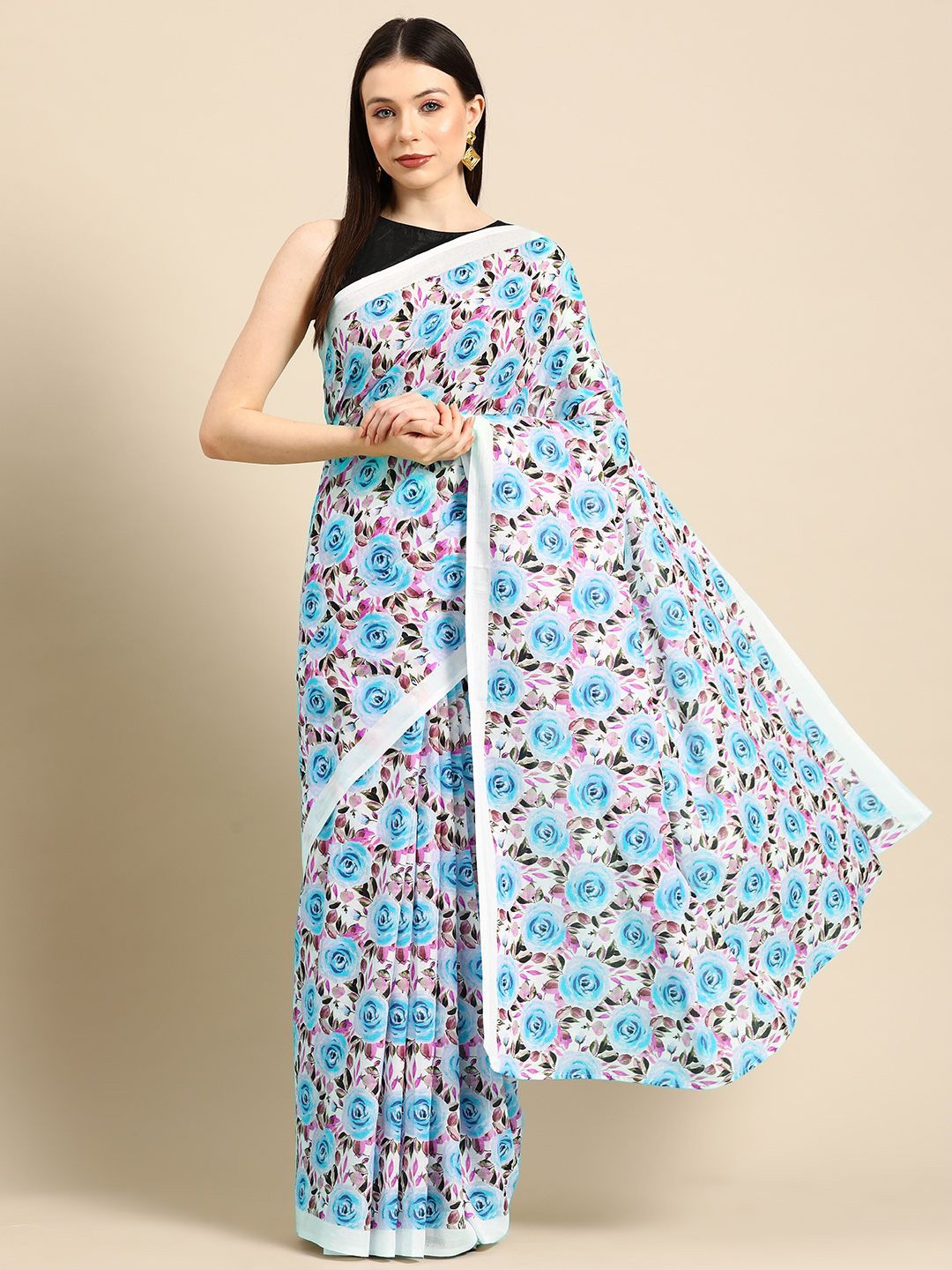 

BUTA BUTI Floral Pure Cotton Saree, Blue