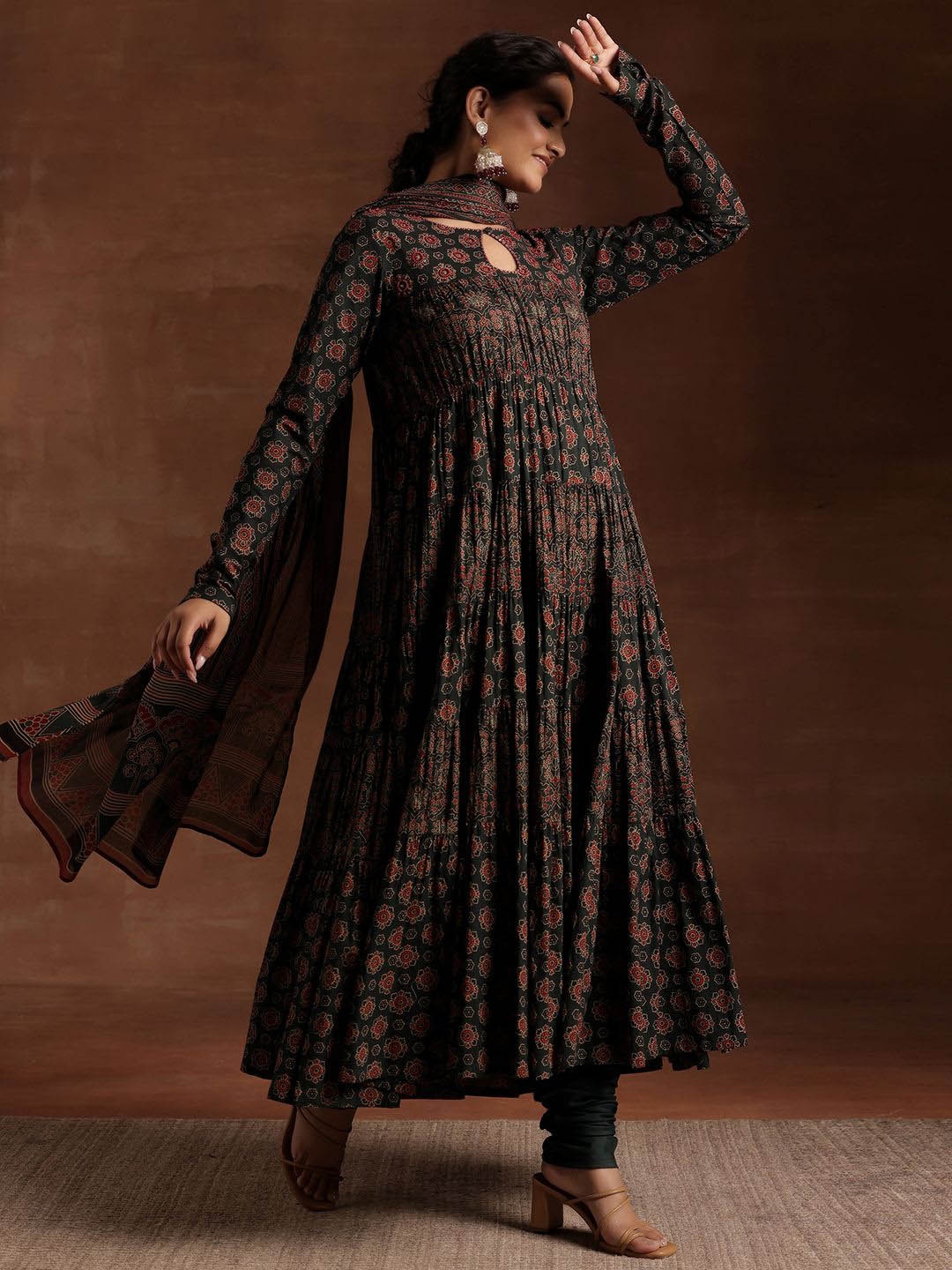 

Libas Ethnic Motifs Printed Beads & Stones Pure Cotton Anarkali Kurta & Churidar & Dupatta, Green
