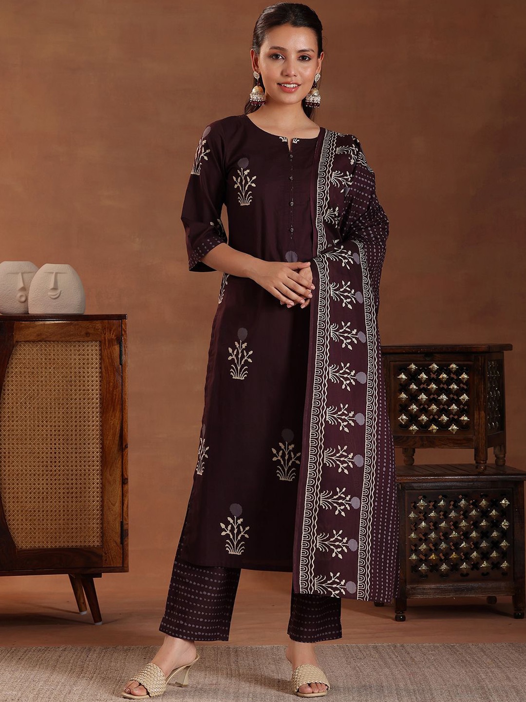 

Libas Floral Printed Pure Cotton Straight Kurta With Trousers & Dupatta, Brown