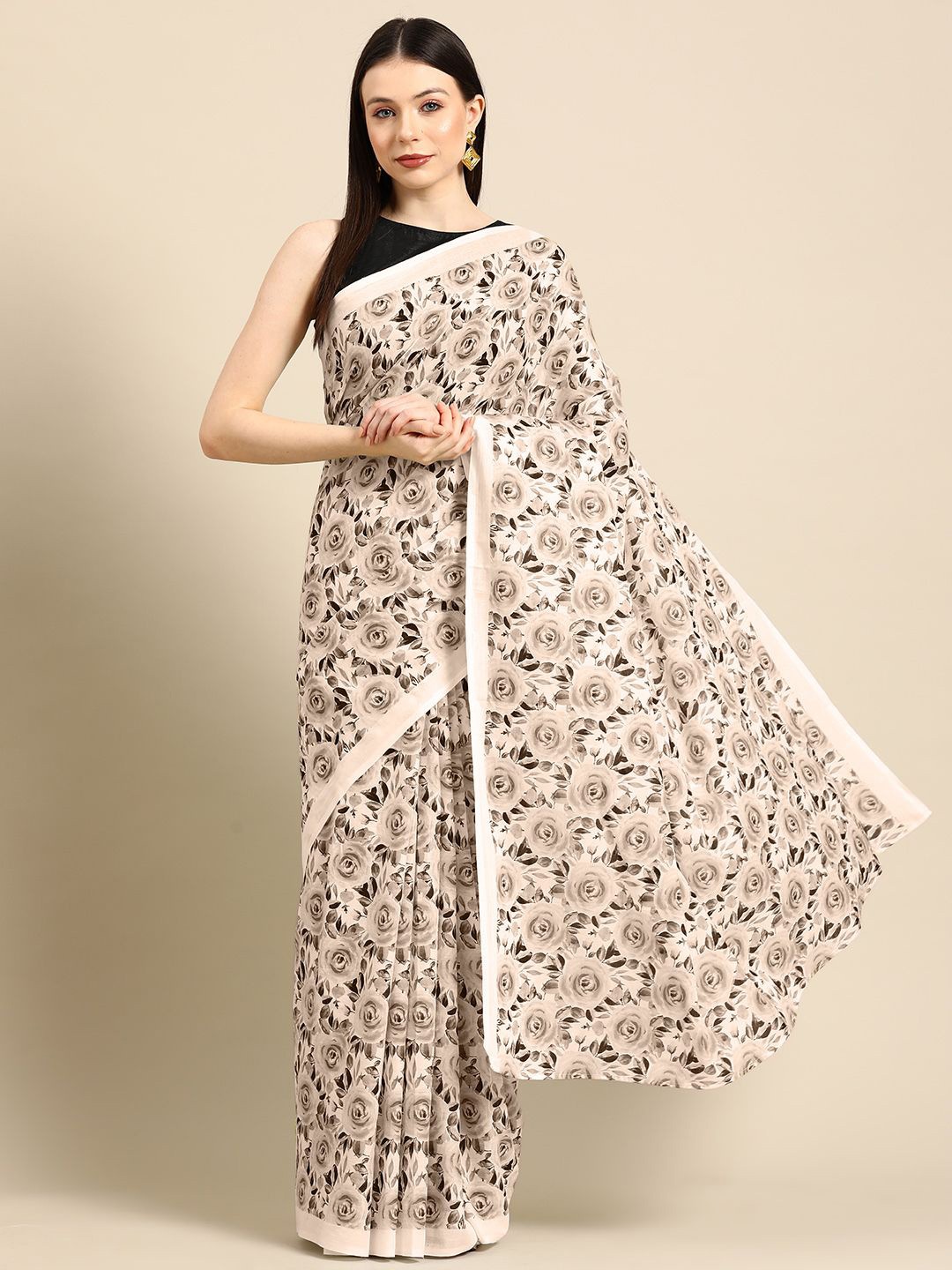 

BUTA BUTI Floral Pure Cotton Printed Saree, Coffee brown