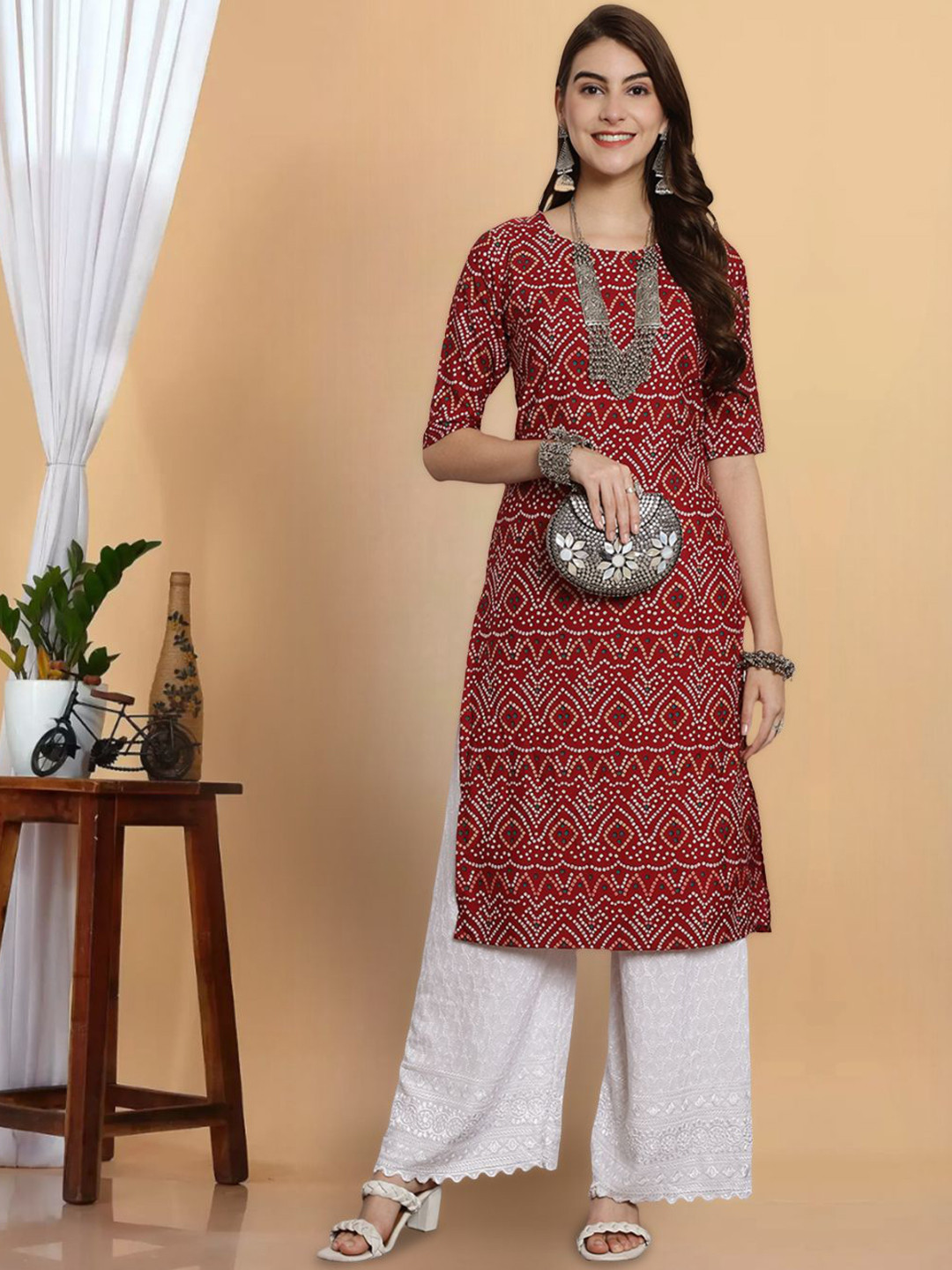 

7Threads Bandhani Printed Round Neck Crepe Straight Kurta, Maroon