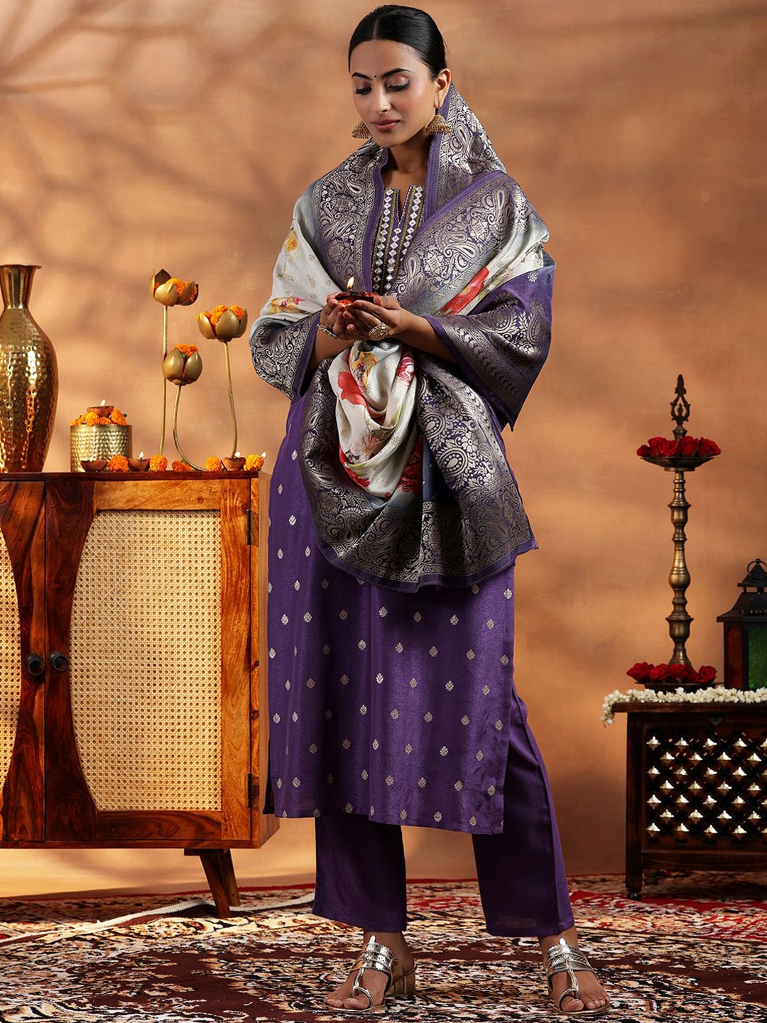 

Libas Ethnic Motifs Mirror Work Notch Neck Straight Kurta with Trousers & Dupatta, Purple