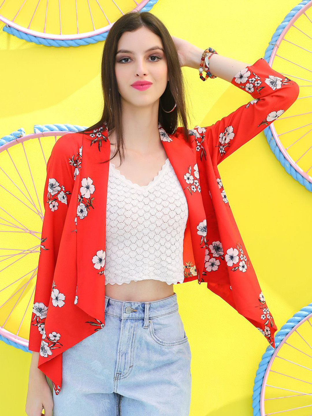 

Sera Floral Printed Open Front Crop Bohemian Shrug, Red