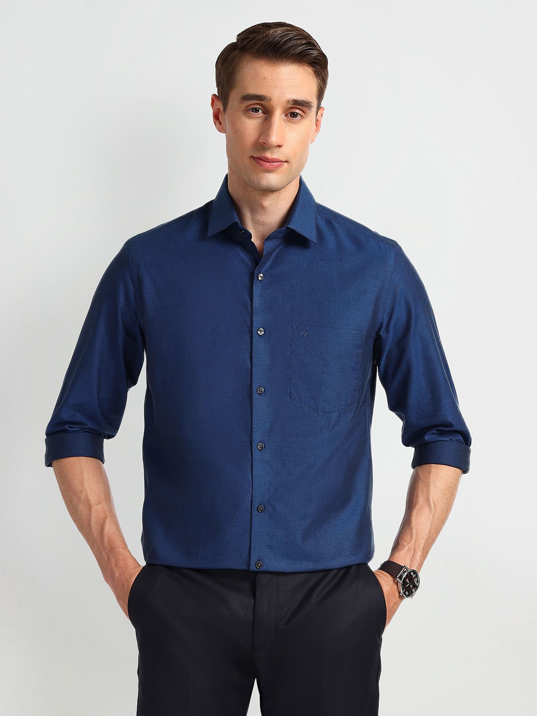 

Arrow Men Spread Collar Abstract Printed Cotton Slim Fit Formal Shirt, Navy blue