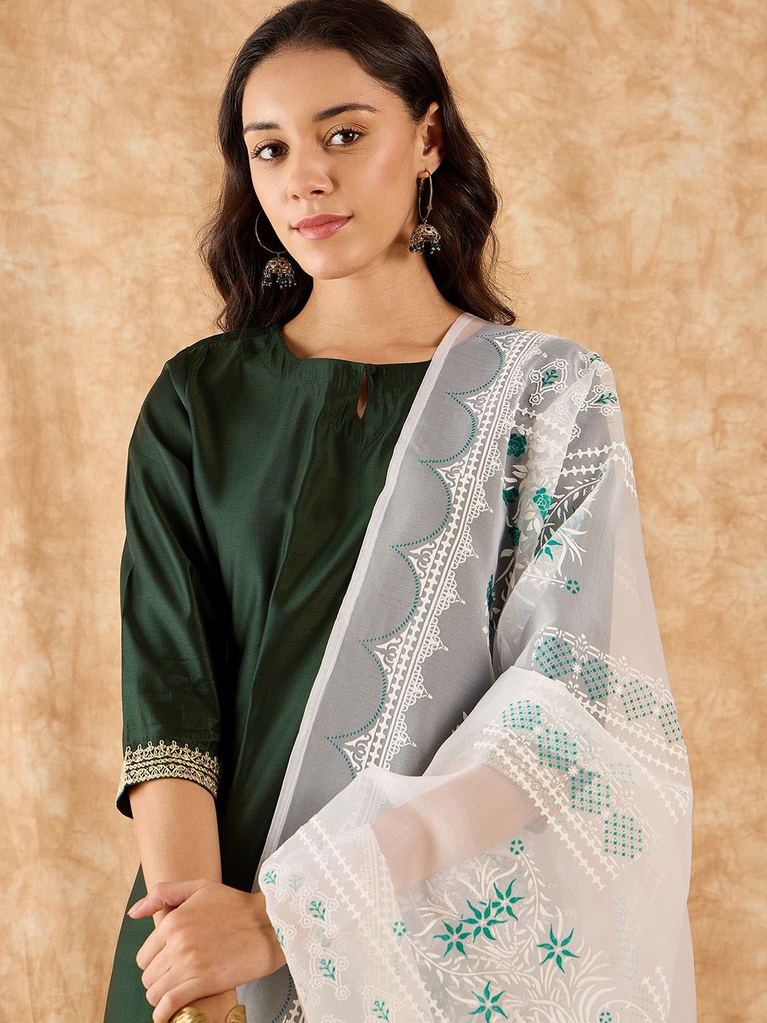 

Indo Era Straight Sequinned Liva Kurta with Palazzos & Dupatta, Green