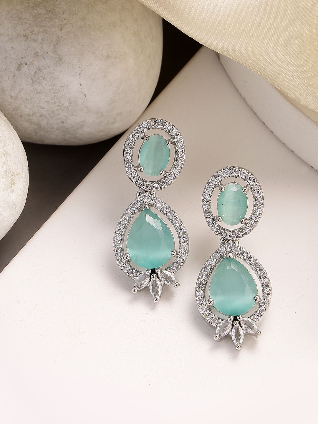 

ZENEME Rhodium-Plated American Diamond Studded Teardrop Shaped Drop Earrings, Sea green