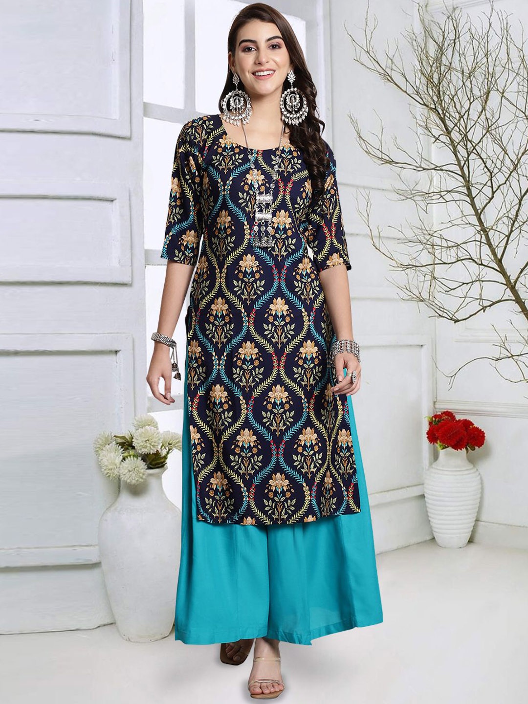 

7Threads Floral Printed Round Neck Straight Kurta, Navy blue