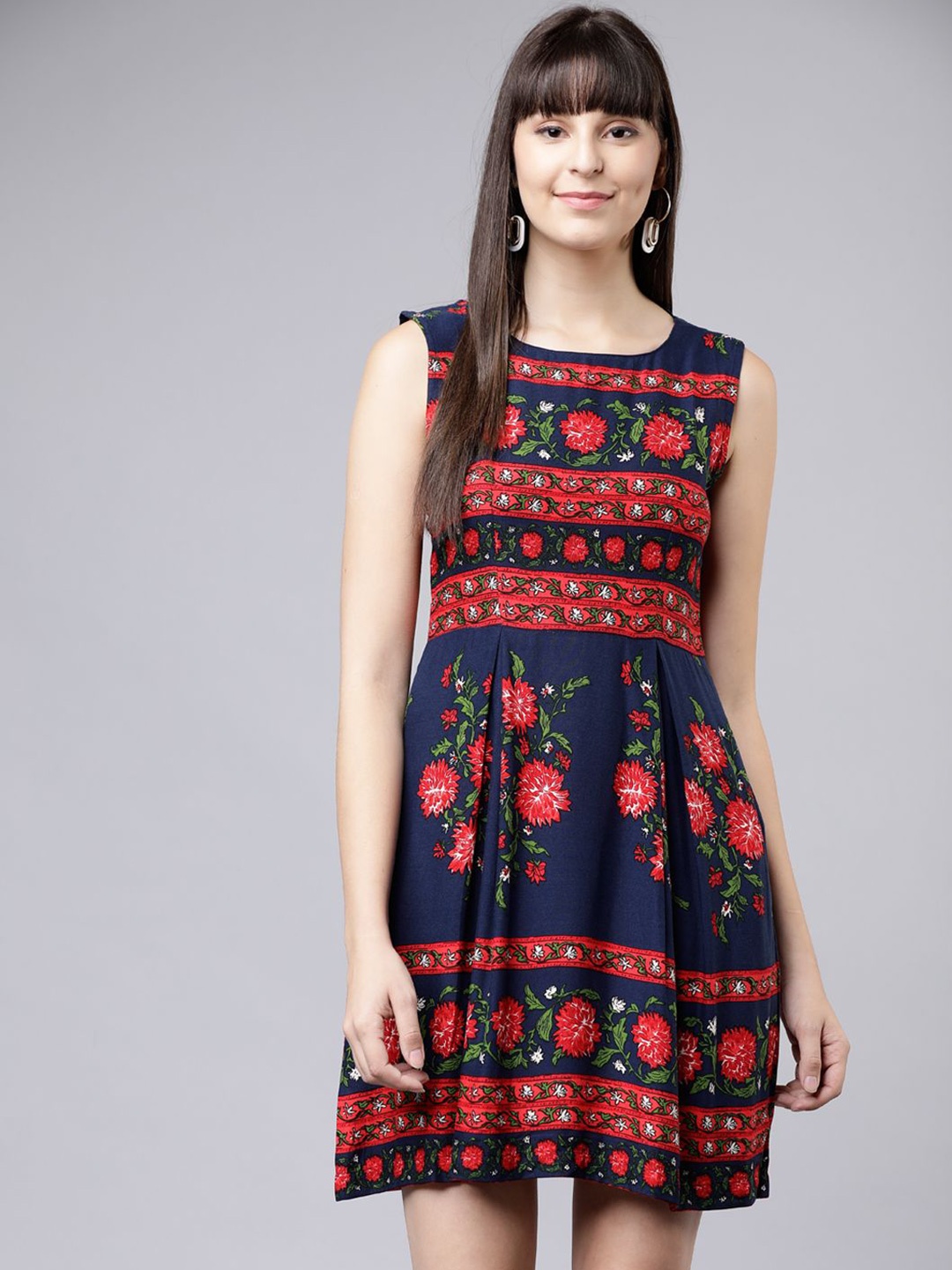 

Tokyo Talkies Floral Printed A-Line Dress, Navy blue