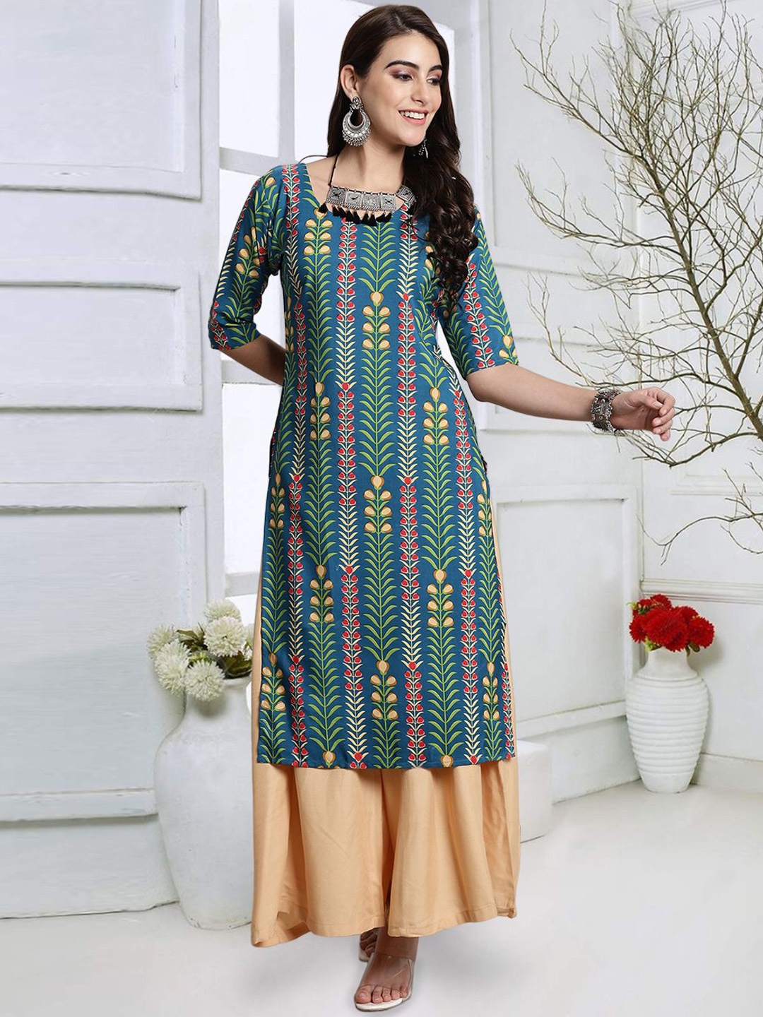 

7Threads Floral Printed Crepe Straight Kurta, Green