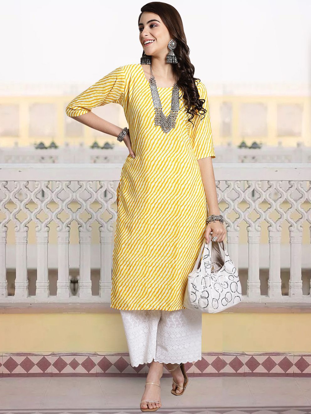 

7Threads Striped Printed Round Neck Three-Quarter Sleeves Regular Crepe Straight Kurta, Yellow