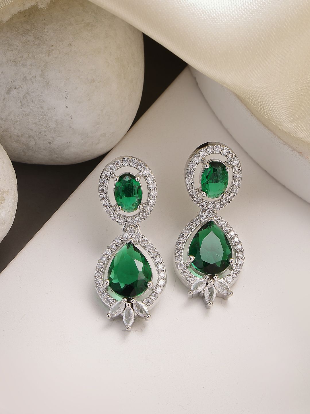 

ZENEME Rhodium-Plated American Diamond Studded Teardrop Shaped Drop Earrings, Green