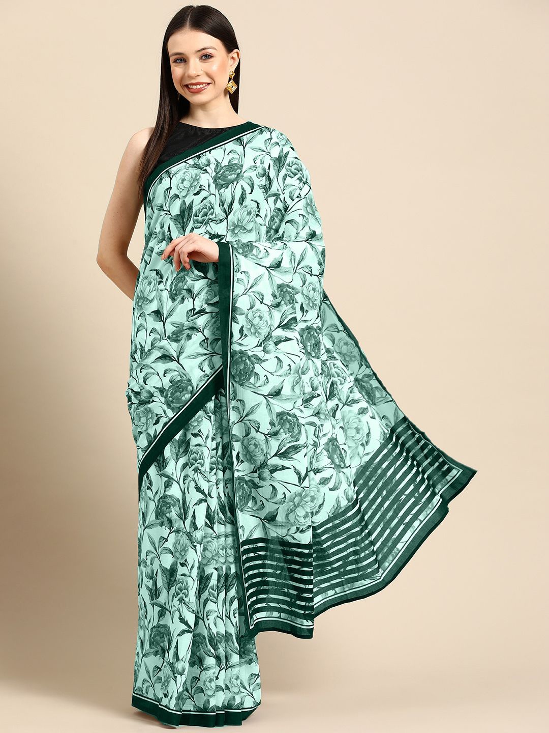 

BUTA BUTI Floral Pure Cotton Saree, Sea green