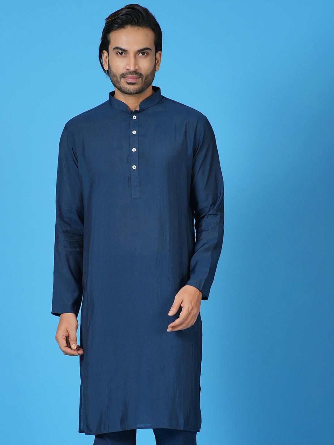

Sayisha Mandarin Collar Long Sleeves Cotton Straight kurta, Navy blue