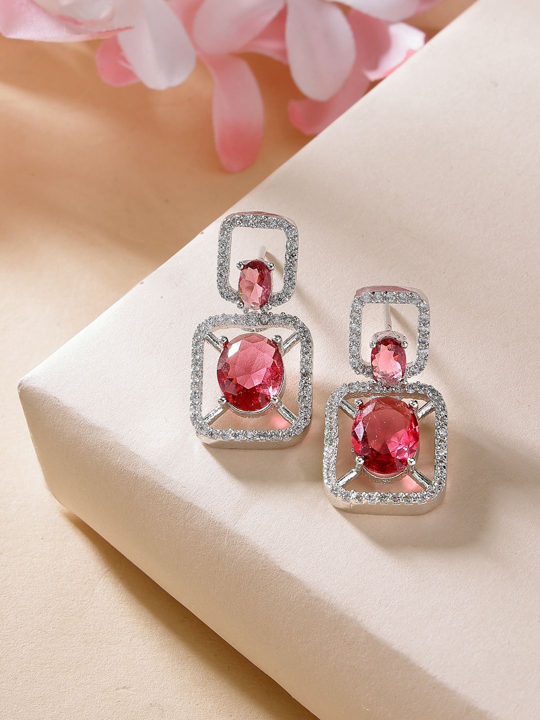 

ZENEME Rhodium-Plated Geometric American Diamond Drop Earrings, Silver