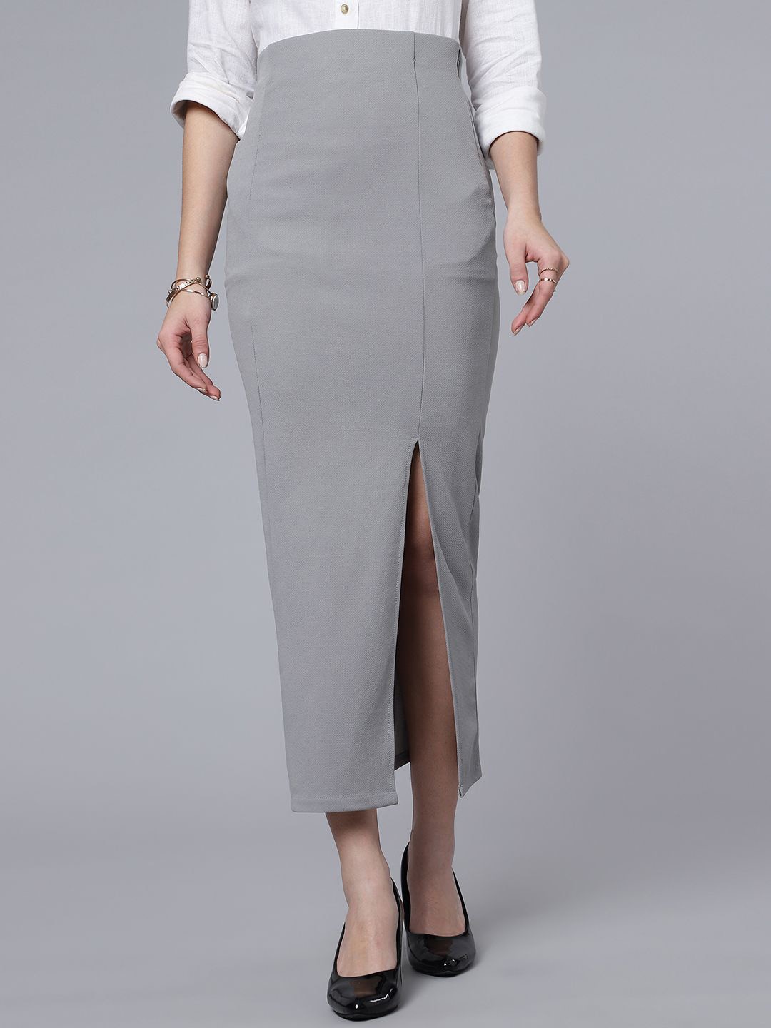 

Purple Feather Long Slit Stretchable Pencil Ankle Length Skirt, Grey