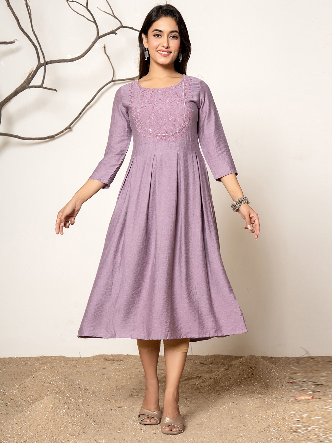 

Rouhab Ethnic Motifs Embroidered Midi Dress, Purple